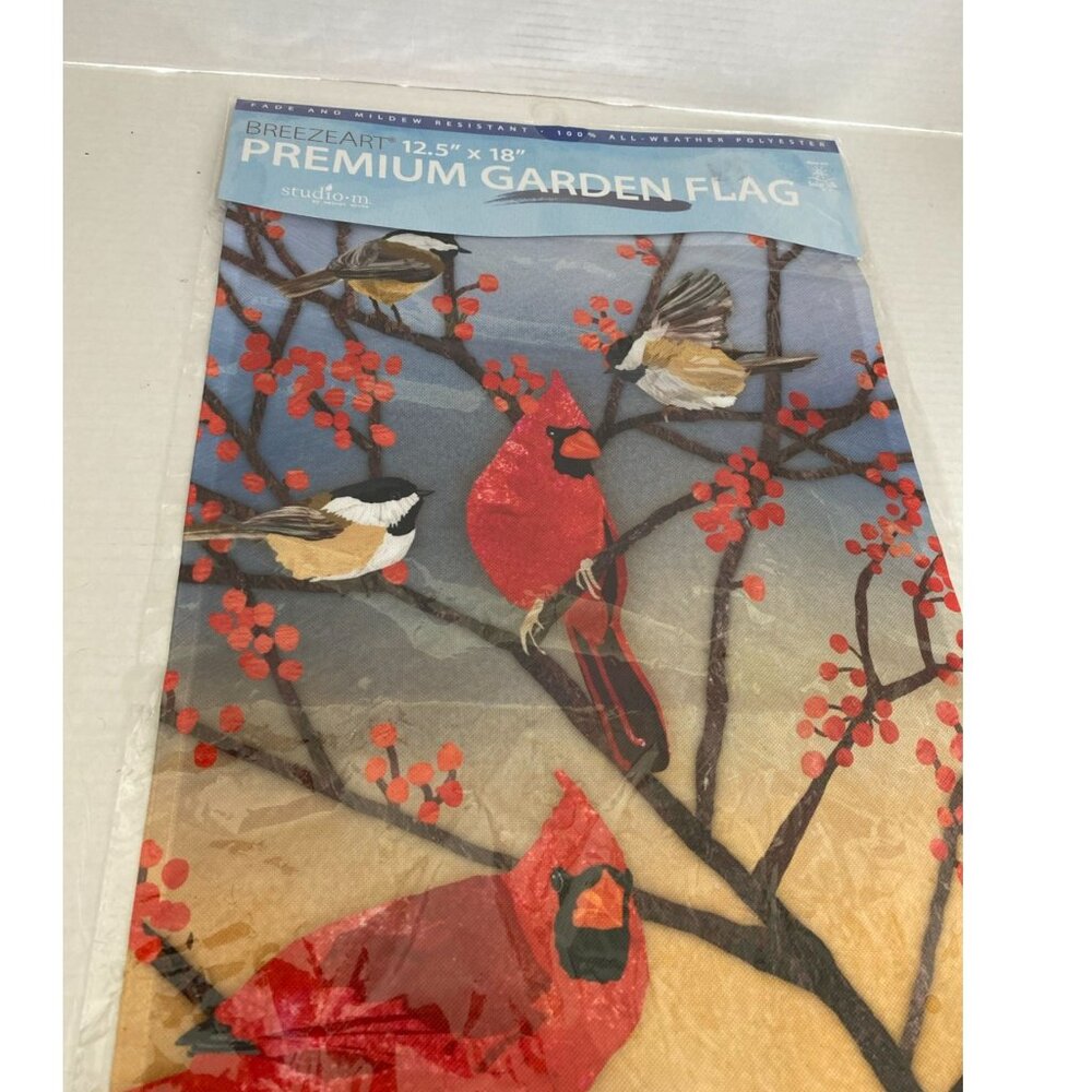 NWOT Breezeart 12.5" X 18" Premium Garden Flag Studio M Cardinal & Chickadees
